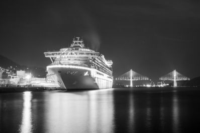 『静寂な夜の長崎港（サファイヤプリンセスと女神大橋）』